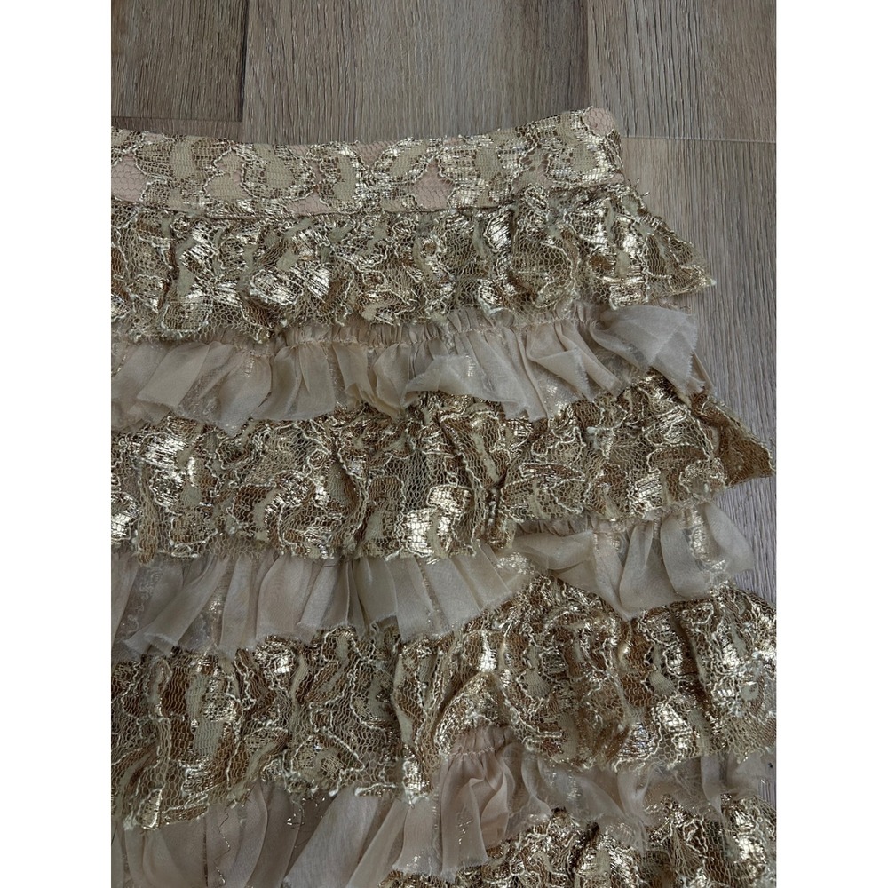 Alice + Olivia Gold Metallic Lace Tiered Ruffle Mini Skirt 8 party goingout - Picture 3 of 7
